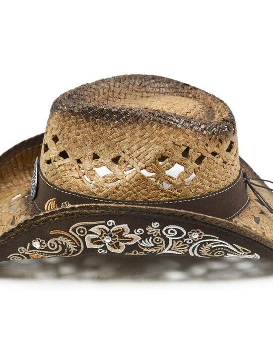 Women\'s Brunette Straw Western Embroidered Imported Canvas Paper Cowgirl Hat
